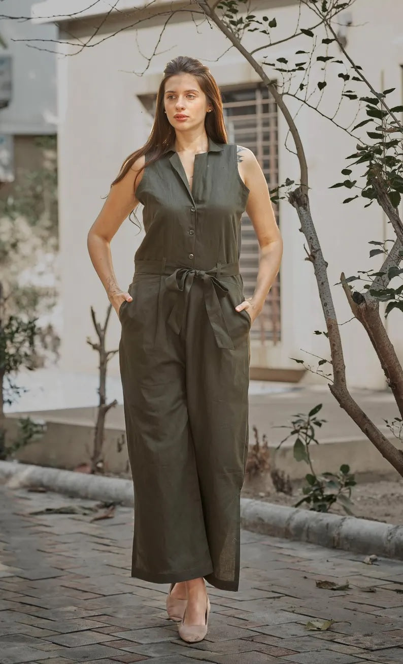 Linen V-neck Sleeveless Jumpsuit , Linen jumpsuit women, jumpsuit