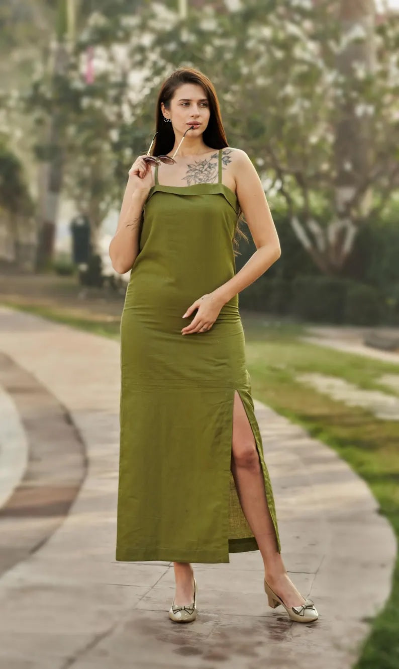 Linen Slip Maxi Dress, Casual Linen Dress , Party Wear Side Cut Dress