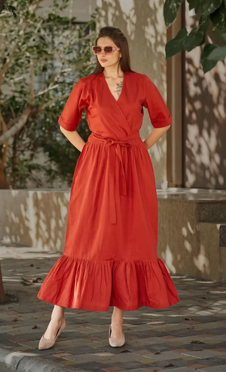 Linen V- Neck half Sleeve With Adjustable Maxi Dress , Red Kaftan Linen Dress