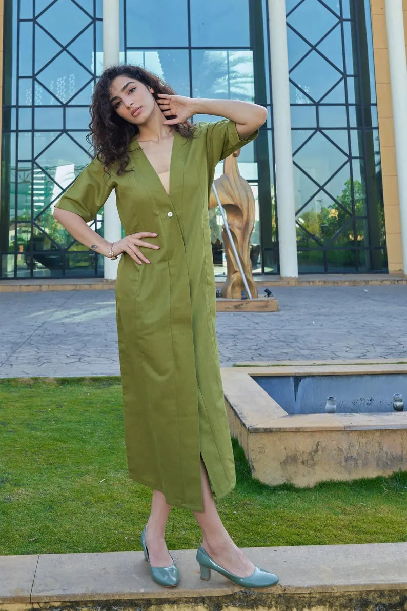 Linen Women Onepiece Dress , V-Neck One Button Center Cut Onepiece