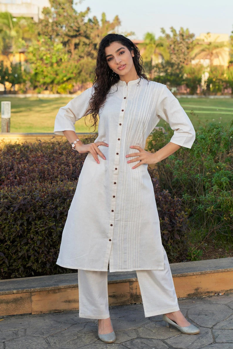 Linen Pleated Kurta Set Kurta Salwar Set for women