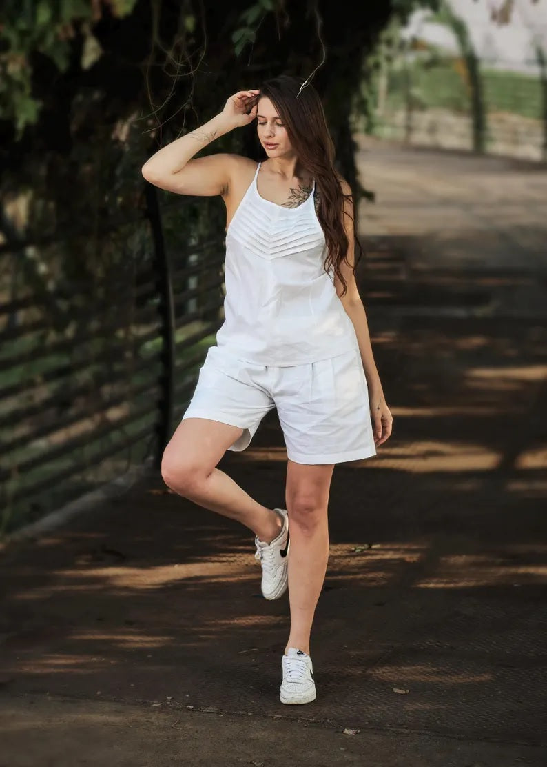 Linen Pleated Top and Shorts Set For Women linen shorts