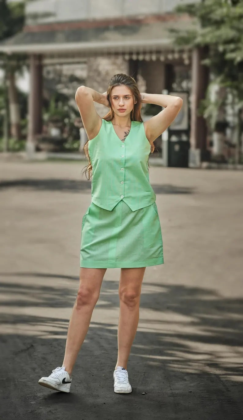 Linen Waist Coat and Skirt , Women Office Wear Clothing