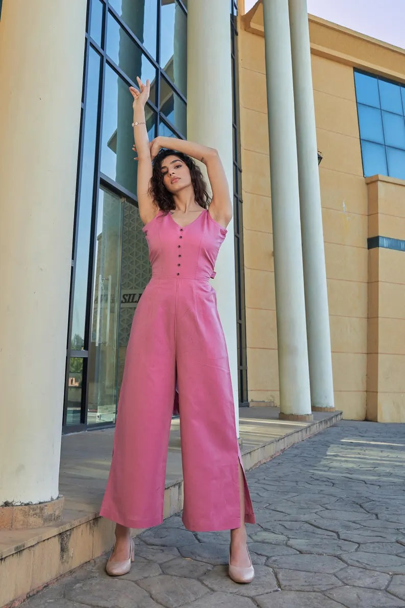 Linen Sleeveless Side Cut Women Jumpsuit , Linen jumpsuit women