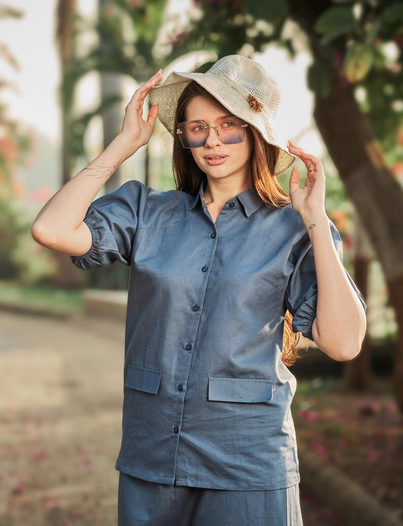 Linen Reglan Sleeve Shirt With Aline Skirt for women ,Linen button skirt