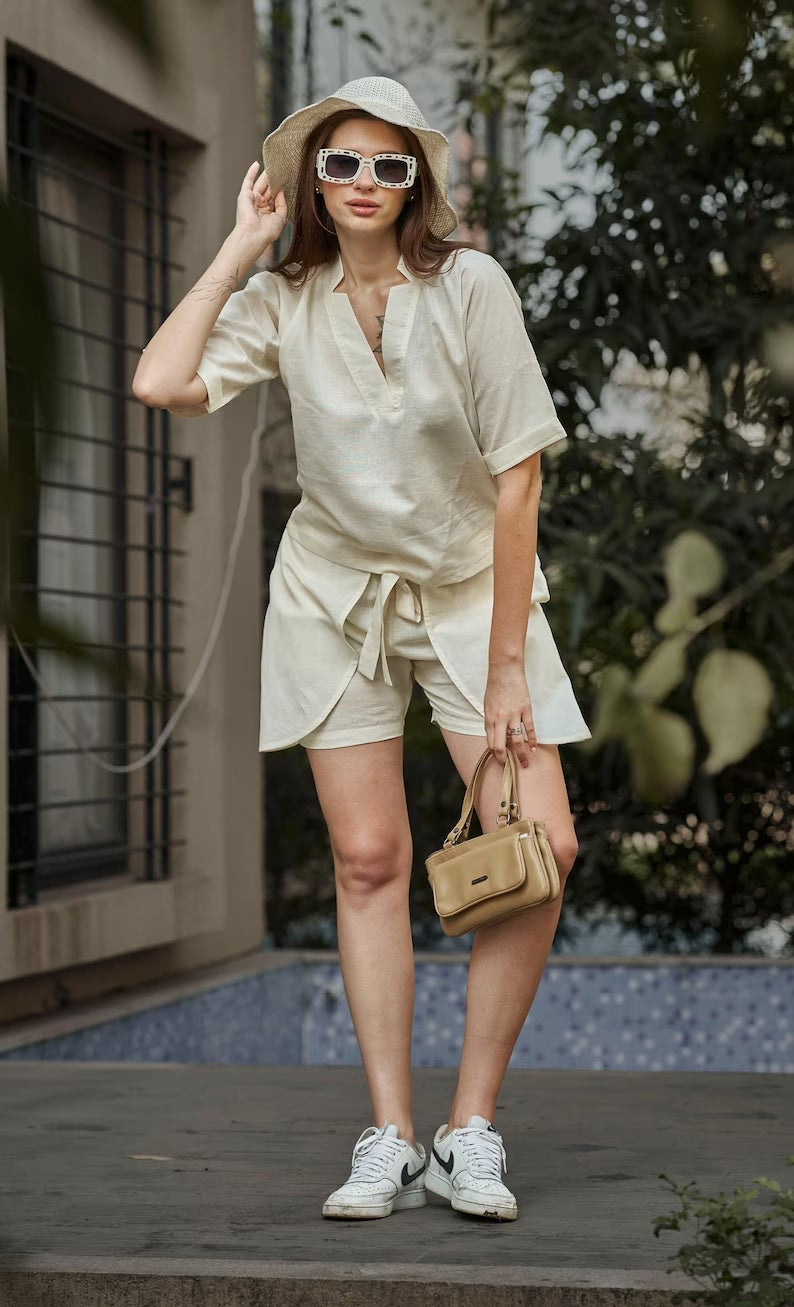 Linen V- NeckTop and Short Set For Women,Women Shirt
