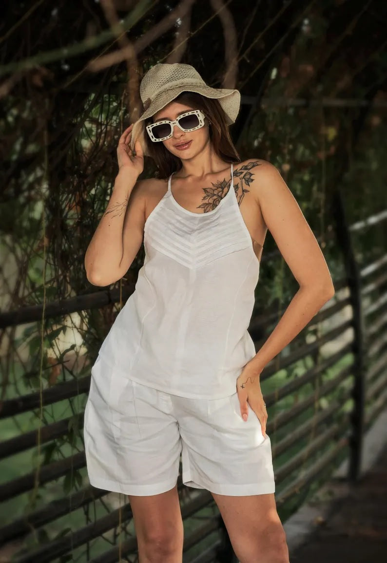 Linen Pleated Top and Shorts Set For Women linen shorts