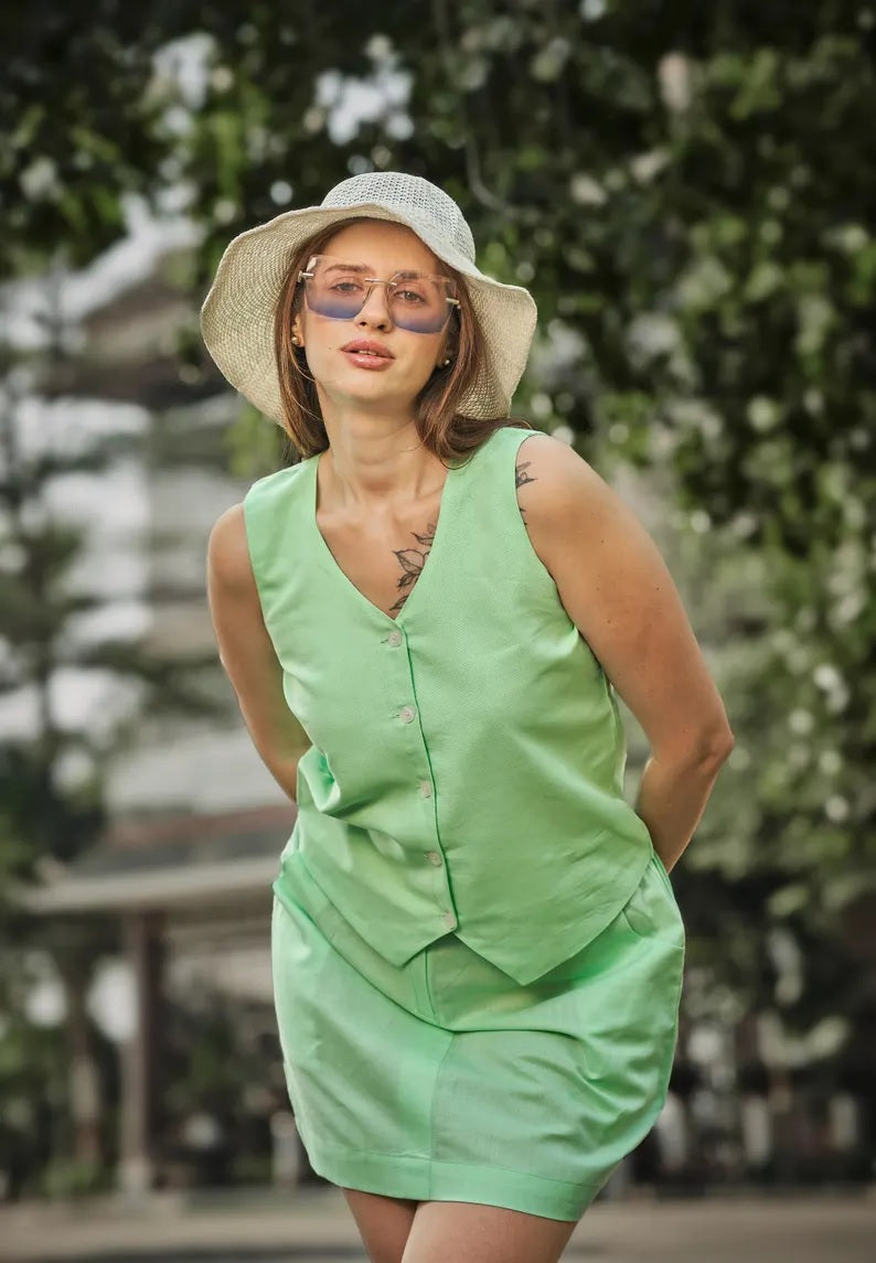 Linen Waist Coat and Skirt , Women Office Wear Clothing