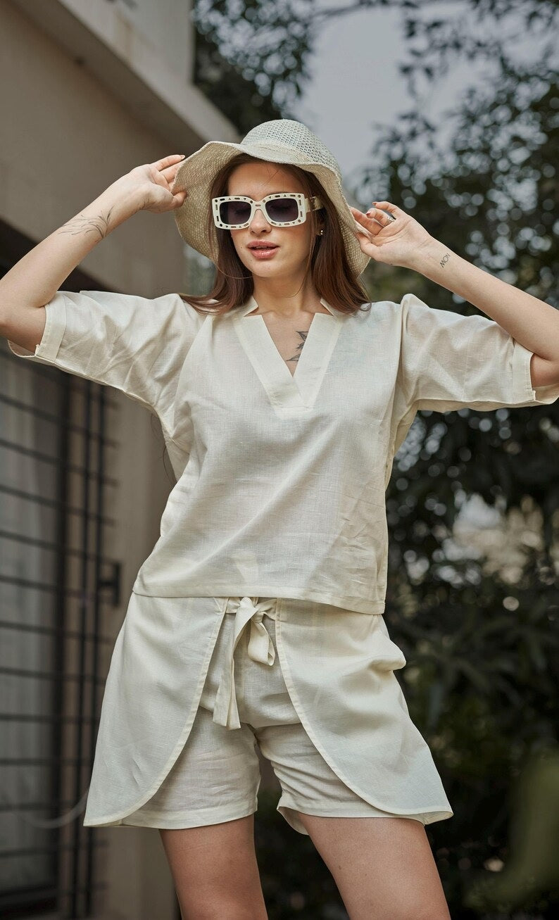 Linen V- NeckTop and Short Set For Women,Women Shirt