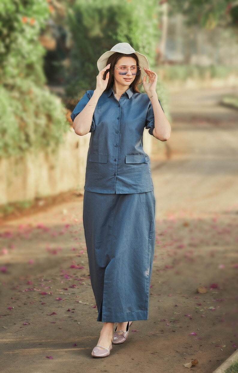 Linen Reglan Sleeve Shirt With Aline Skirt for women ,Linen button skirt