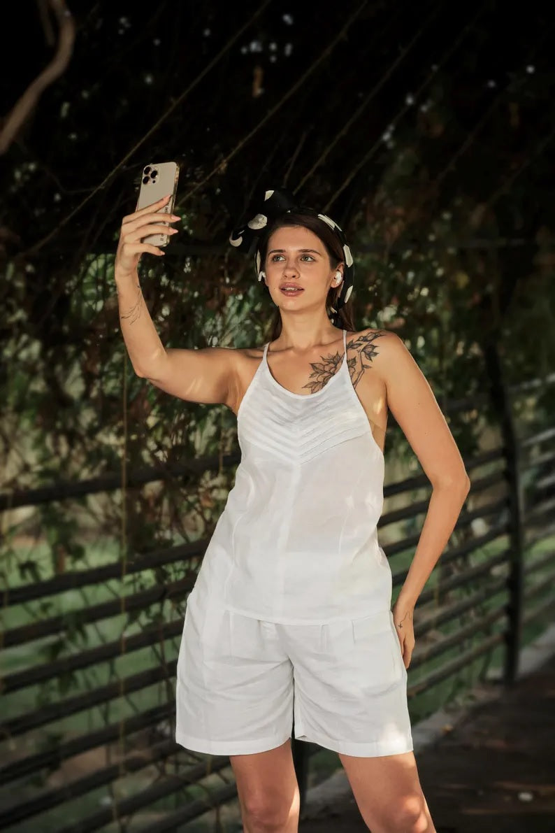 Linen Pleated Top and Shorts Set For Women linen shorts
