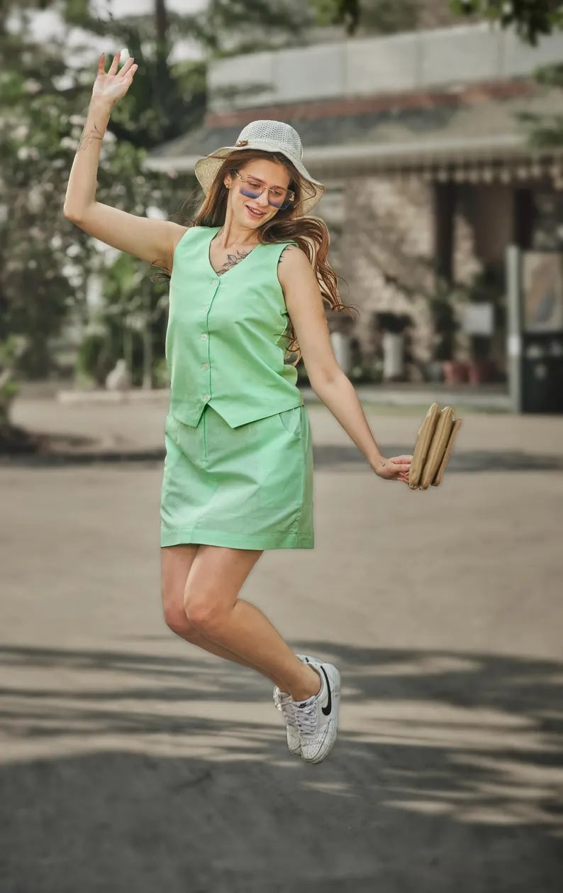 Linen Waist Coat and Skirt , Women Office Wear Clothing