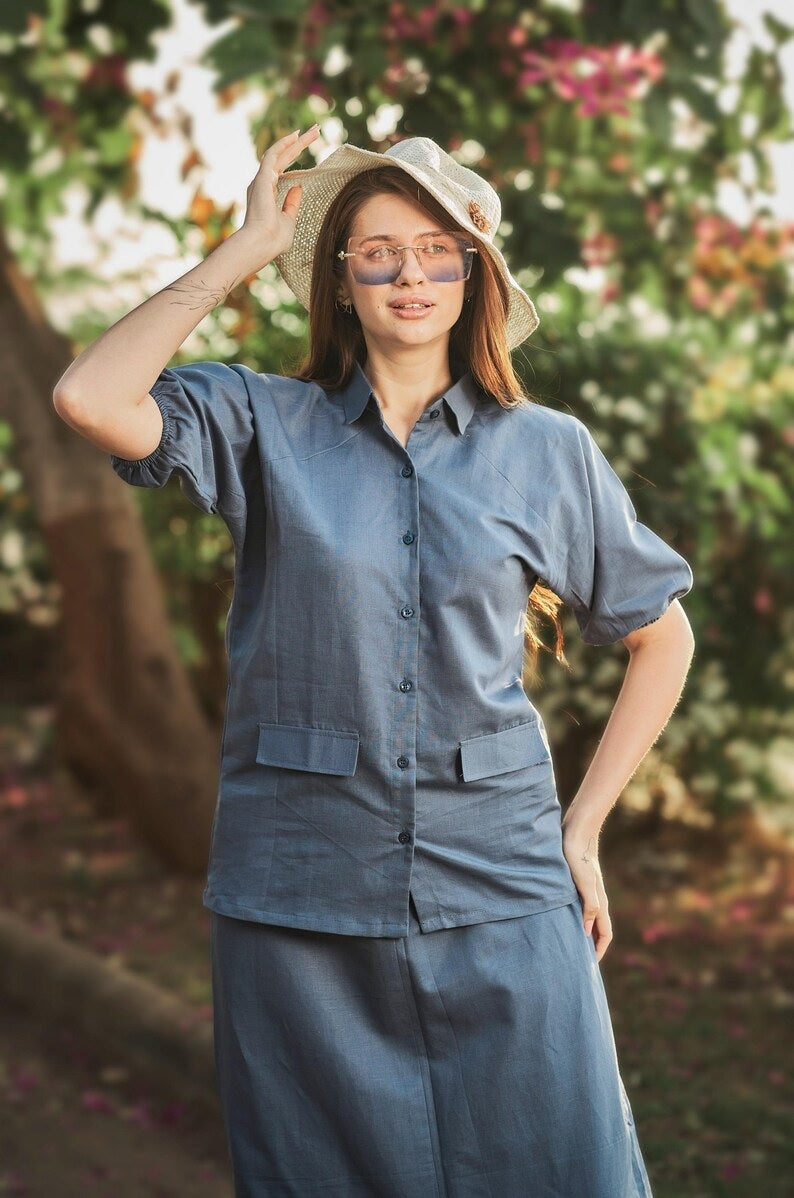 Linen Reglan Sleeve Shirt With Aline Skirt for women ,Linen button skirt