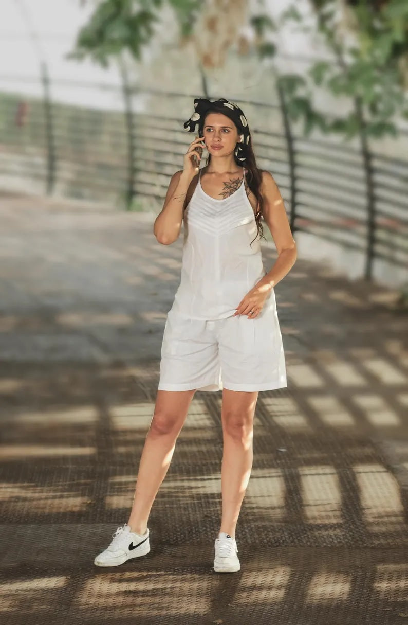 Linen Pleated Top and Shorts Set For Women linen shorts