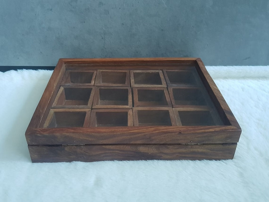 Wooden Multi-Compartment Storage Box Multipurpose Table Top Glass Lid on Top Box Spice box Dry Fruit Box