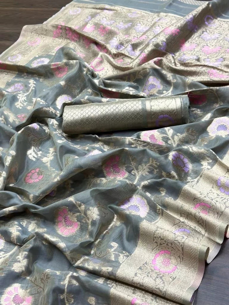 Soft Organza Jacquard Saree ,Function Wedding Sari With Blouse