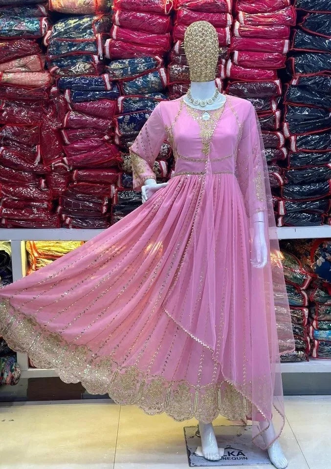 Classic Ethnic Stitched Pure Faux Georgette Long Anarkali Gown Pant Dupatta