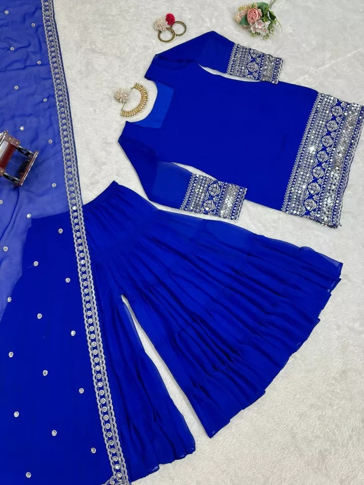 Traditional Classic Wear Faux Georgette Stitched Top Sharara With Dupatta