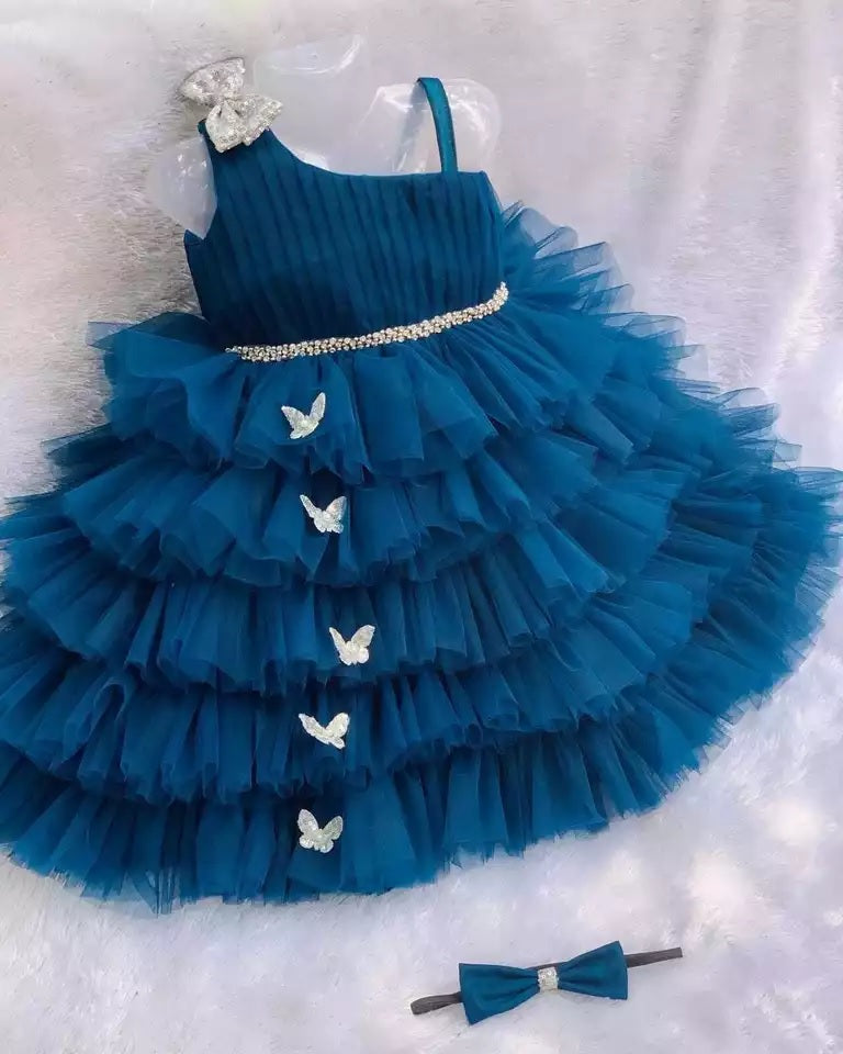 Lovely Sequins Bow and Diamond Belt Net Frock for Baby Girls