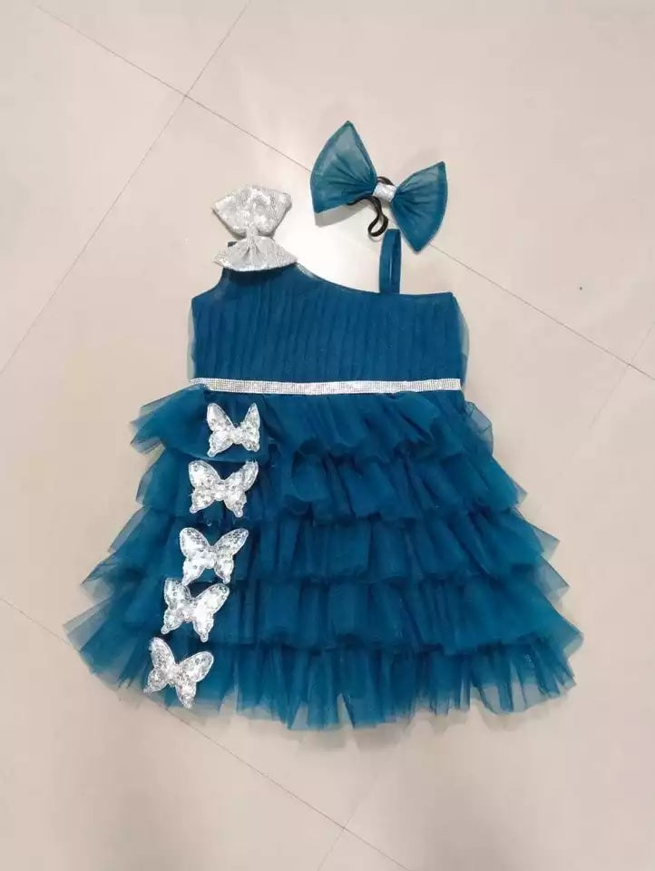 Lovely Sequins Bow and Diamond Belt Net Frock for Baby Girls