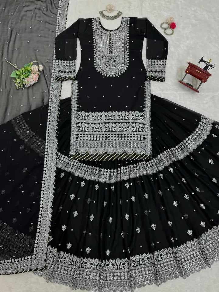 Bollywood Style Faux Georgette Top Sharara With Dupatta