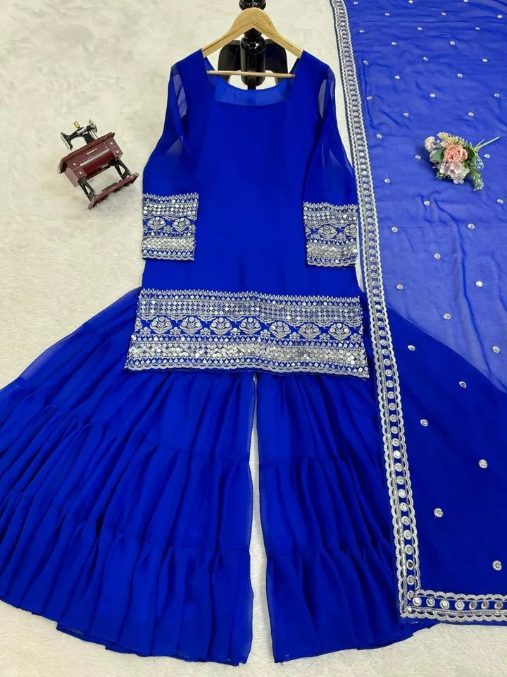 Traditional Classic Wear Faux Georgette Stitched Top Sharara With Dupatta