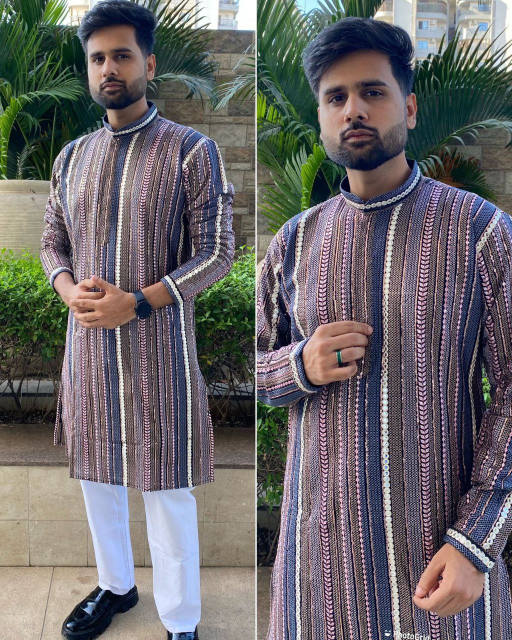 Men\s Heavy Georgette With Heavy Embroidery Work Kurta Pajama Set