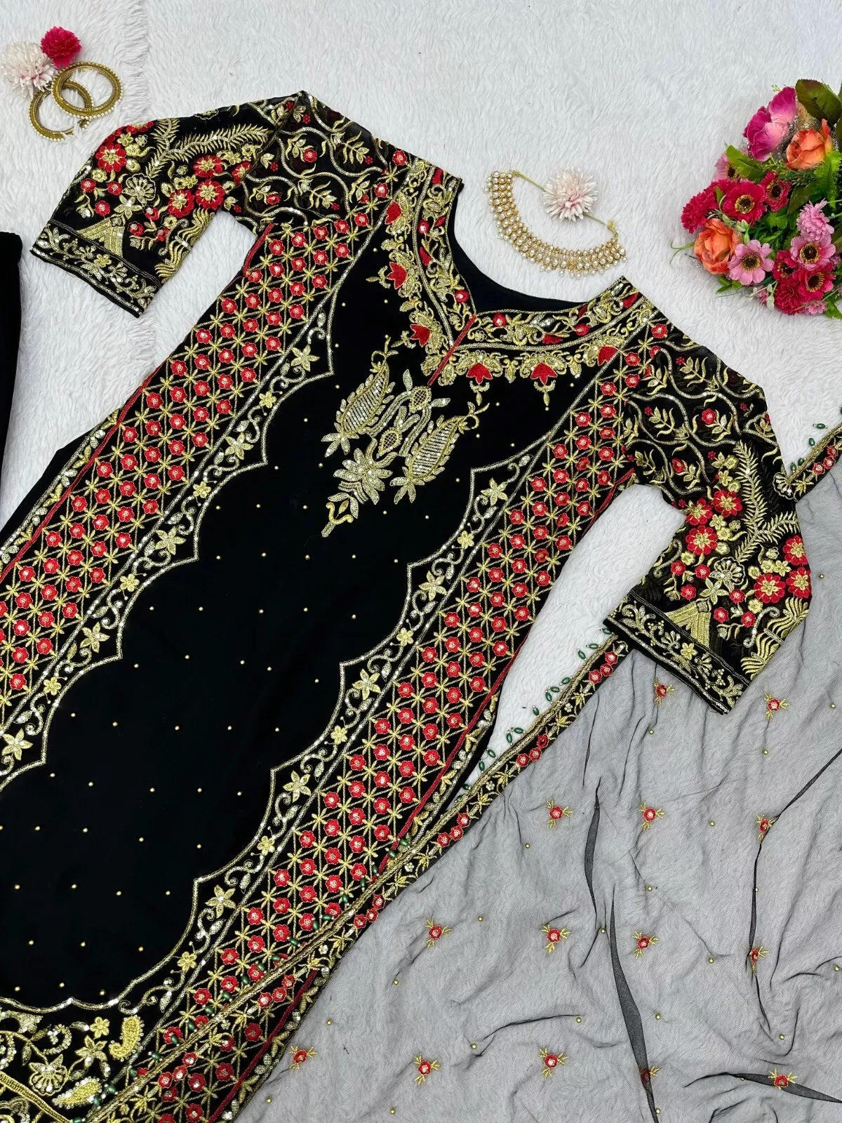 Faux Georgette Indian Ethnic Top Pant & Dupatta Set