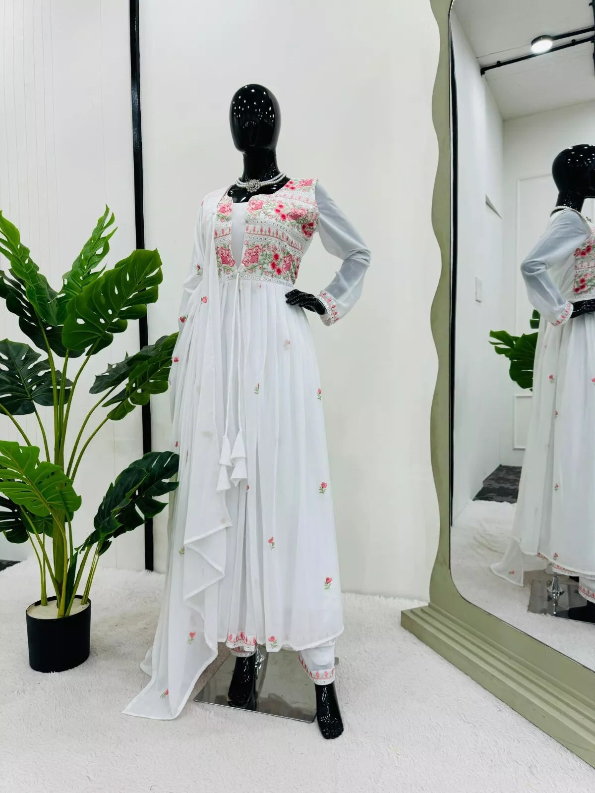 Faux Georgette Bollywood Full Stitched Kurti Shrug & Pant Dupatta