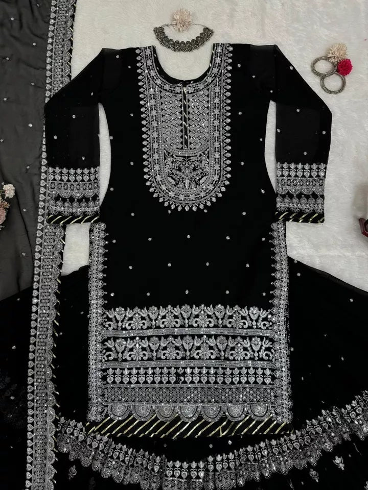 Faux Georgette Sequence Work With Front Side Work Top Sharara With Dupatta
