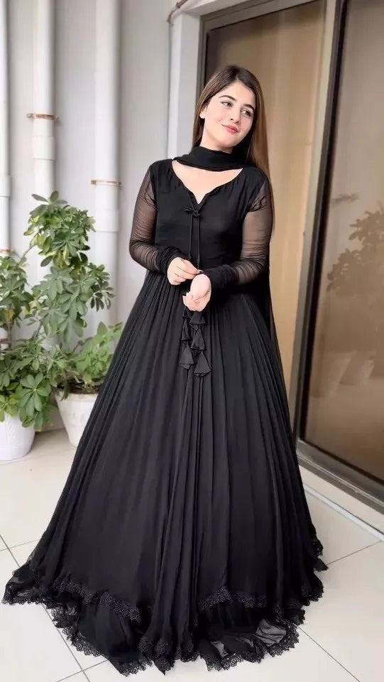 Traditional Classic Full Stitched Faux Georgette Long Anarkali Gown Dupatta