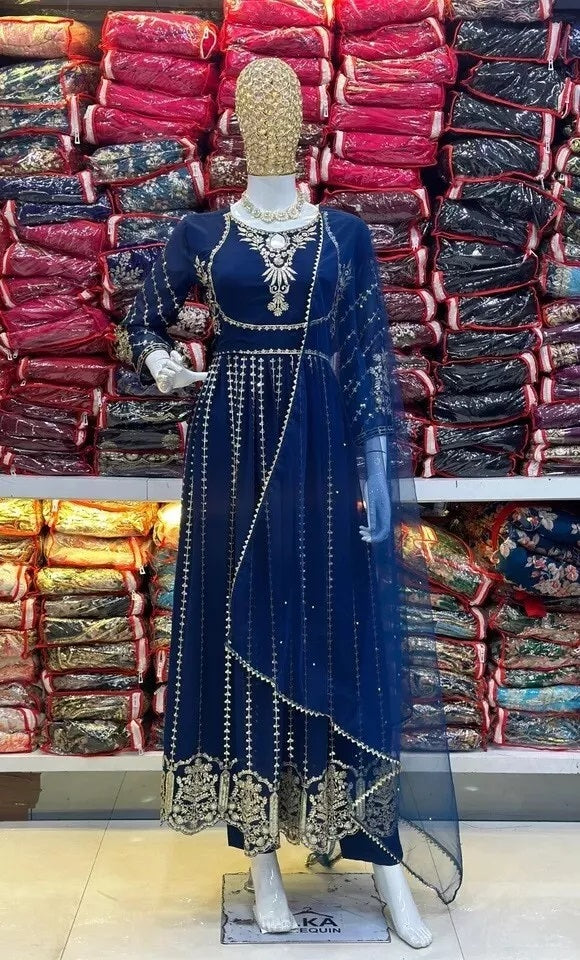Classic Ethnic Stitched Pure Faux Georgette Long Anarkali Gown Pant Dupatta