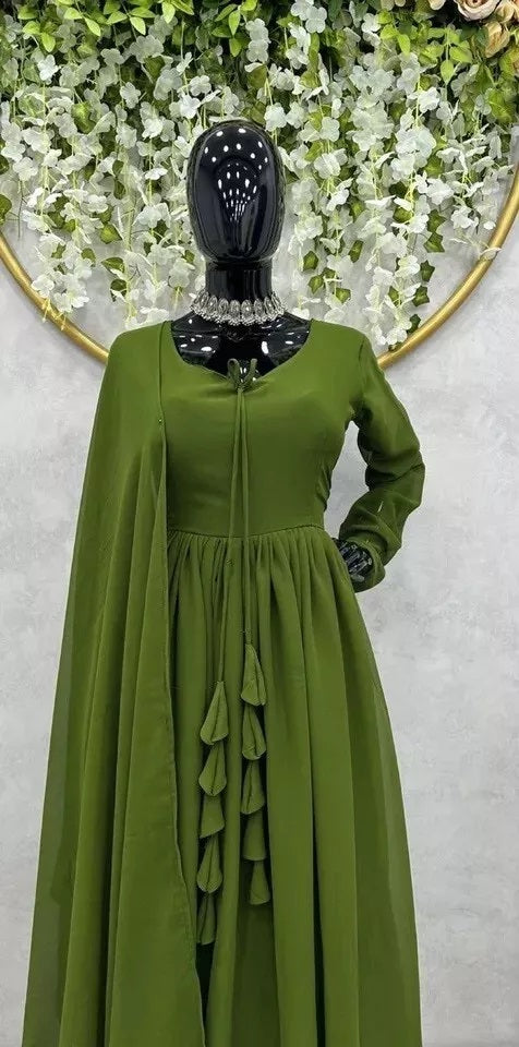Traditional Classic Full Stitched Faux Georgette Long Anarkali Gown Dupatta
