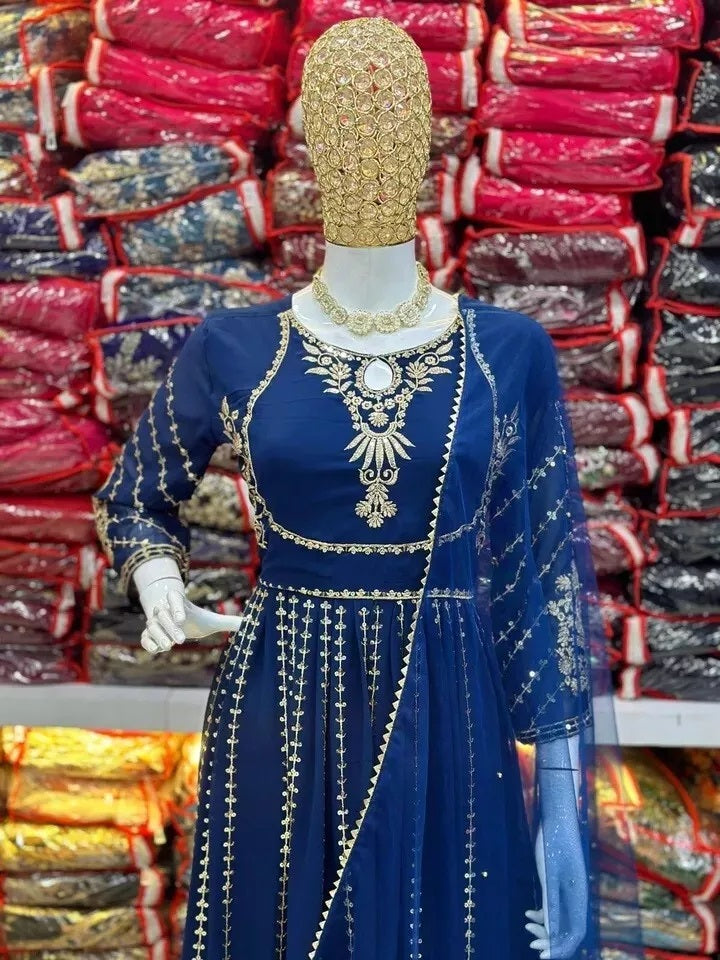 Classic Ethnic Stitched Pure Faux Georgette Long Anarkali Gown Pant Dupatta