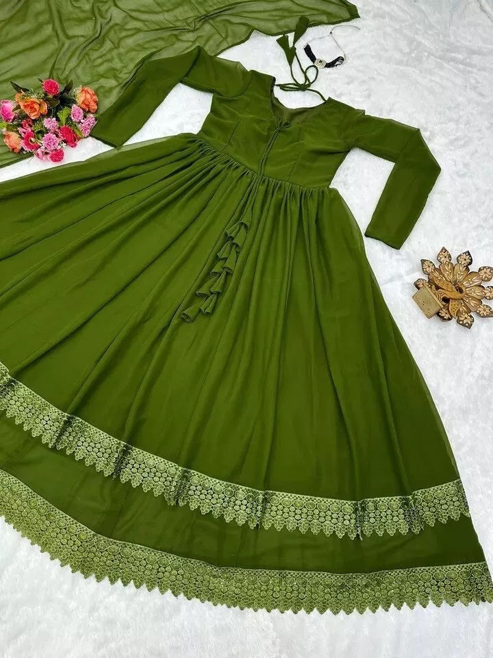 Traditional Classic Full Stitched Faux Georgette Long Anarkali Gown Dupatta