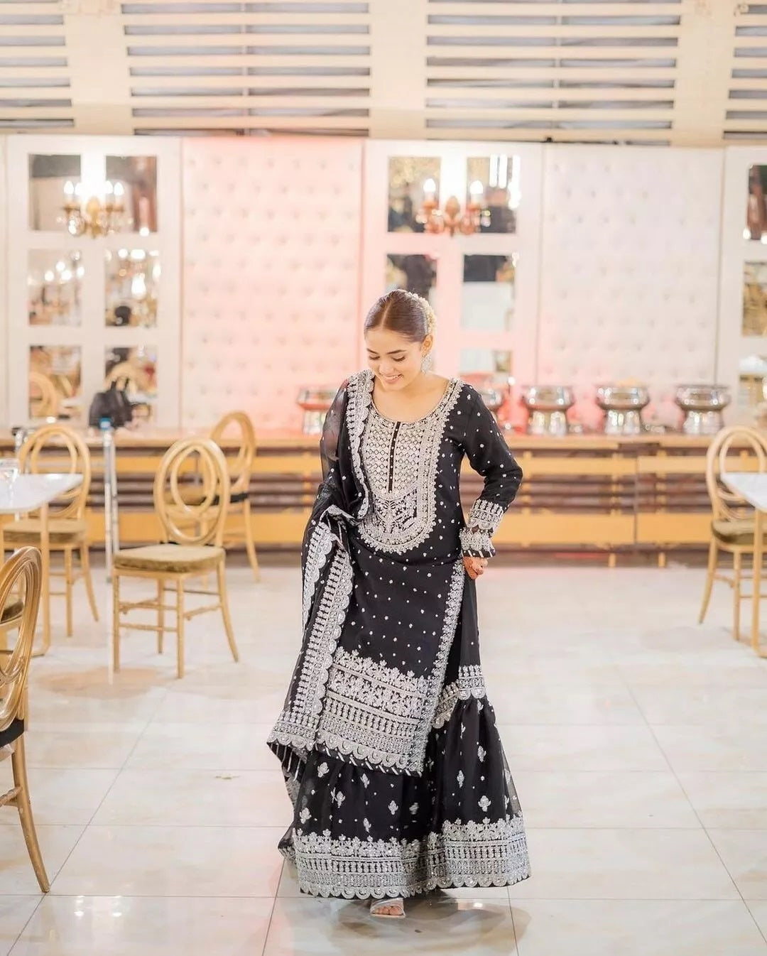 Faux Georgette Sequence Work With Front Side Work Top Sharara With Dupatta