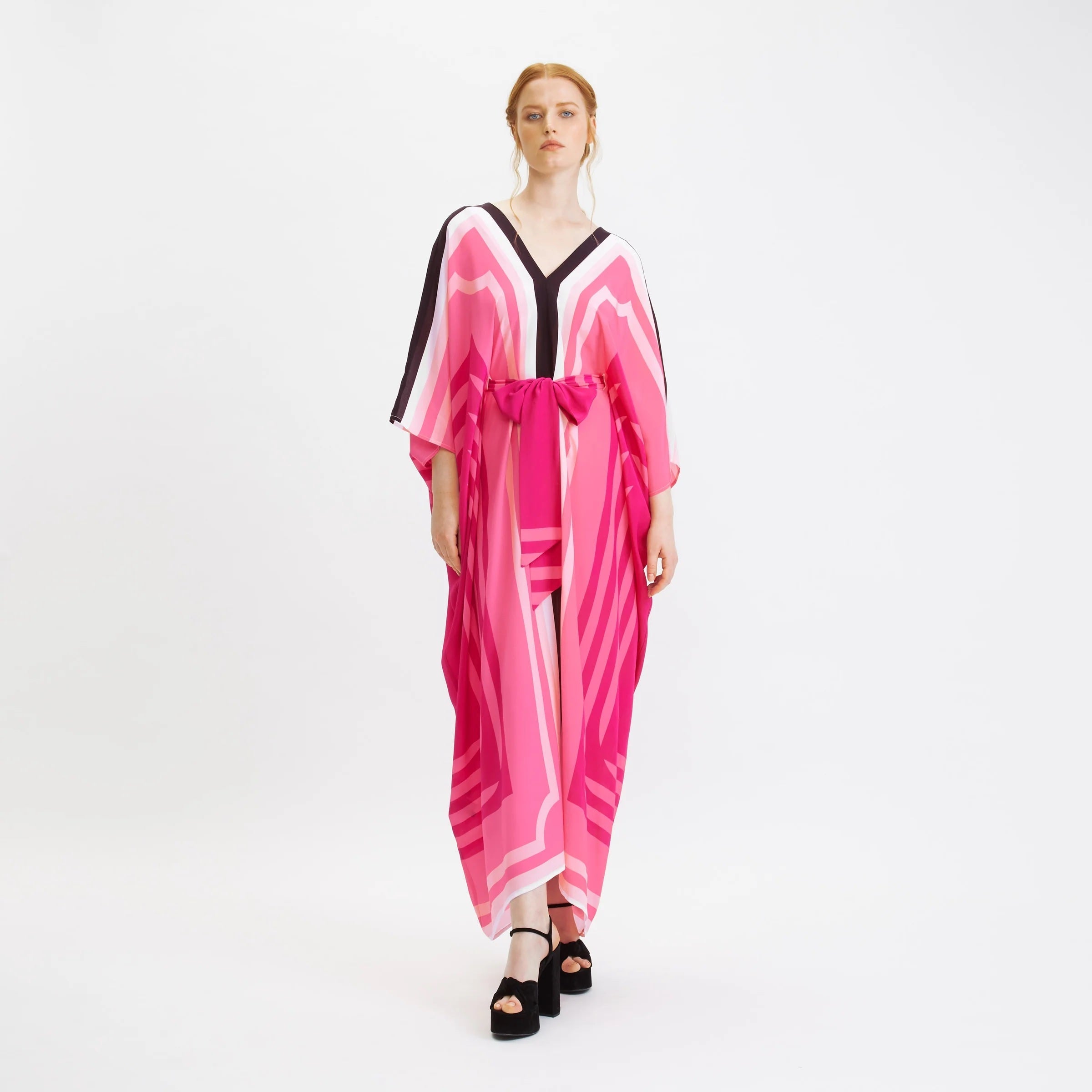 Pink Silk Crepe Kaftan With Belt, Caftan For Women's