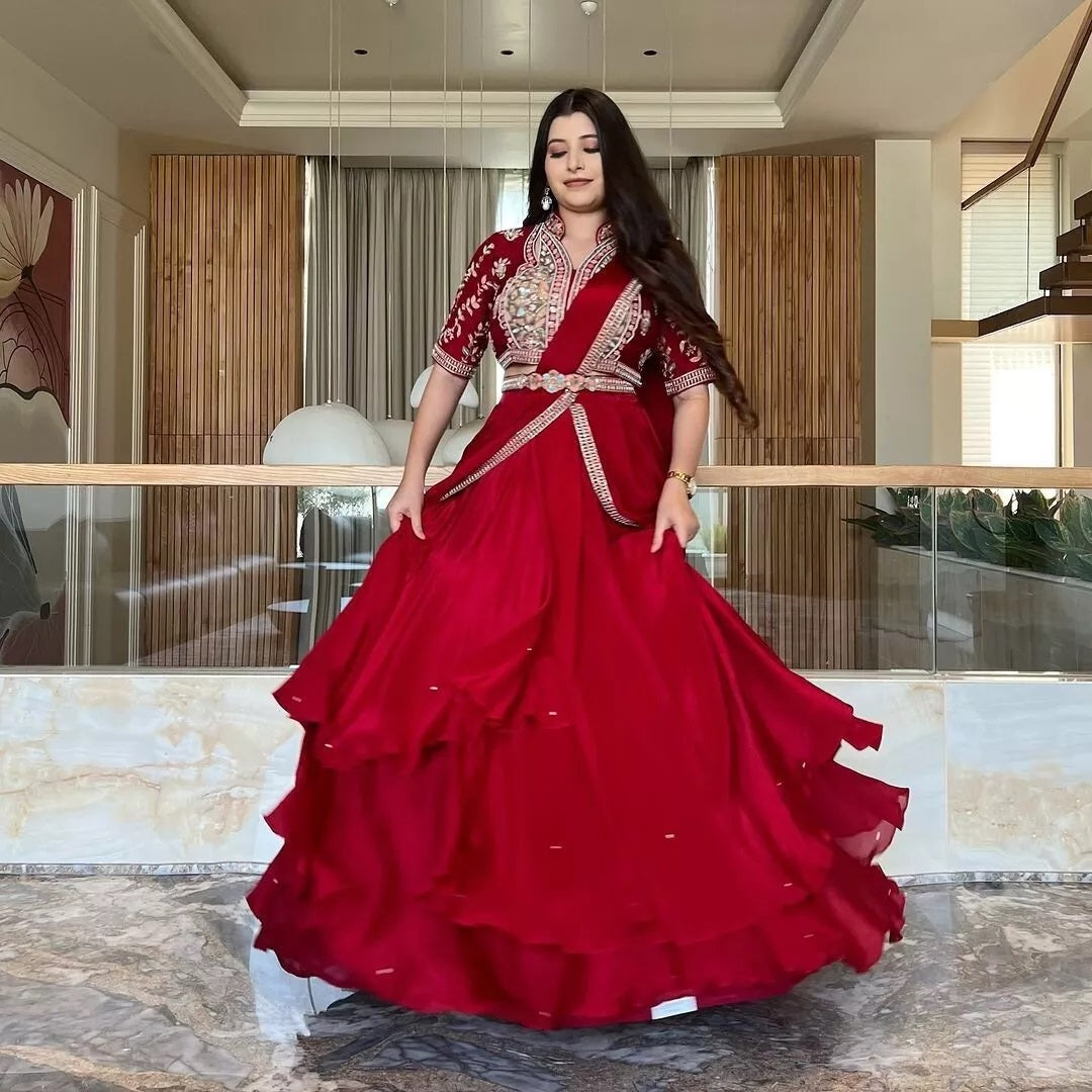 Fiona Silk  Embroidery Lace Work & Moti Work Lehenga Saree Blouse With Belt
