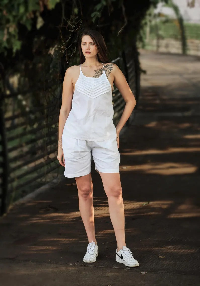 Linen Pleated Top and Shorts Set For Women linen shorts