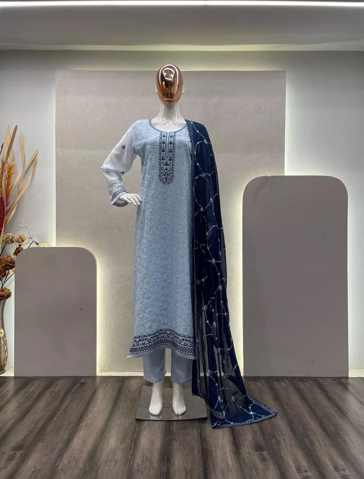 Full Stitched Faux Georgette Top Pant & Dupatta Set