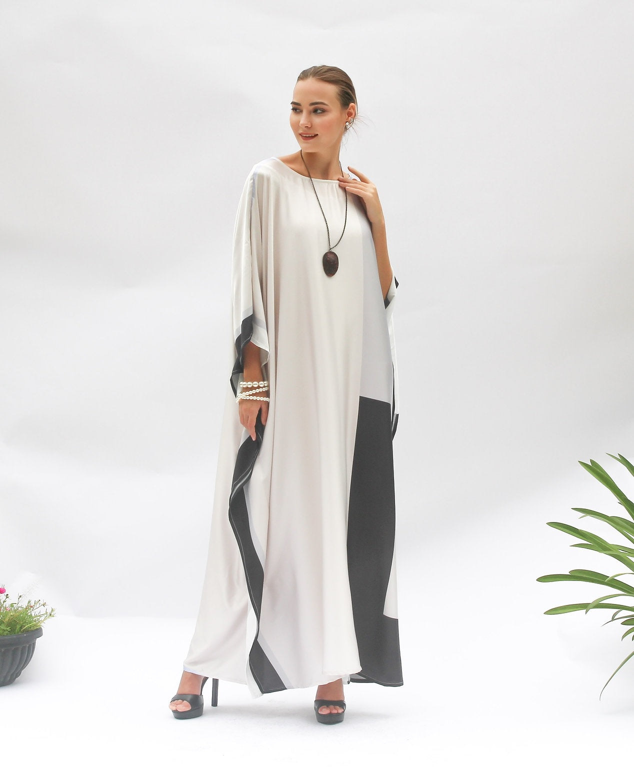 Modest Wear Women's Caftan, Silk Printed Long Kaftan