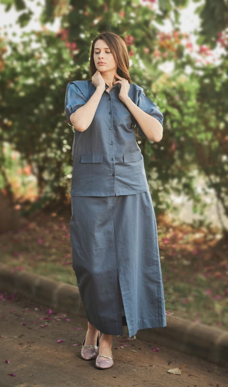 Linen Reglan Sleeve Shirt With Aline Skirt for women ,Linen button skirt