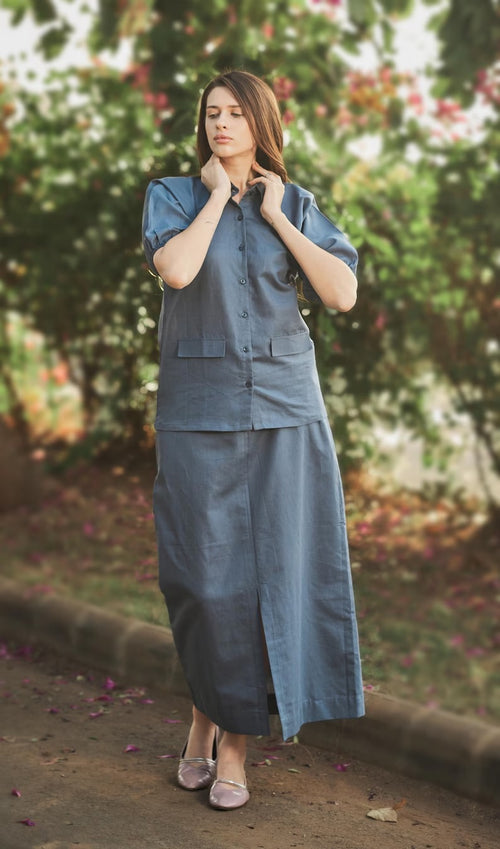 Linen Reglan Sleeve Shirt With Aline Skirt for women ,Linen button skirt