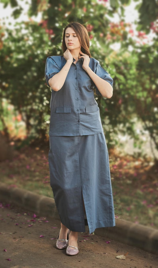 Linen Reglan Sleeve Shirt With Aline Skirt for women ,Linen button skirt