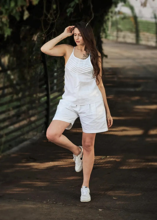 Linen Pleated Top and Shorts Set For Women linen shorts
