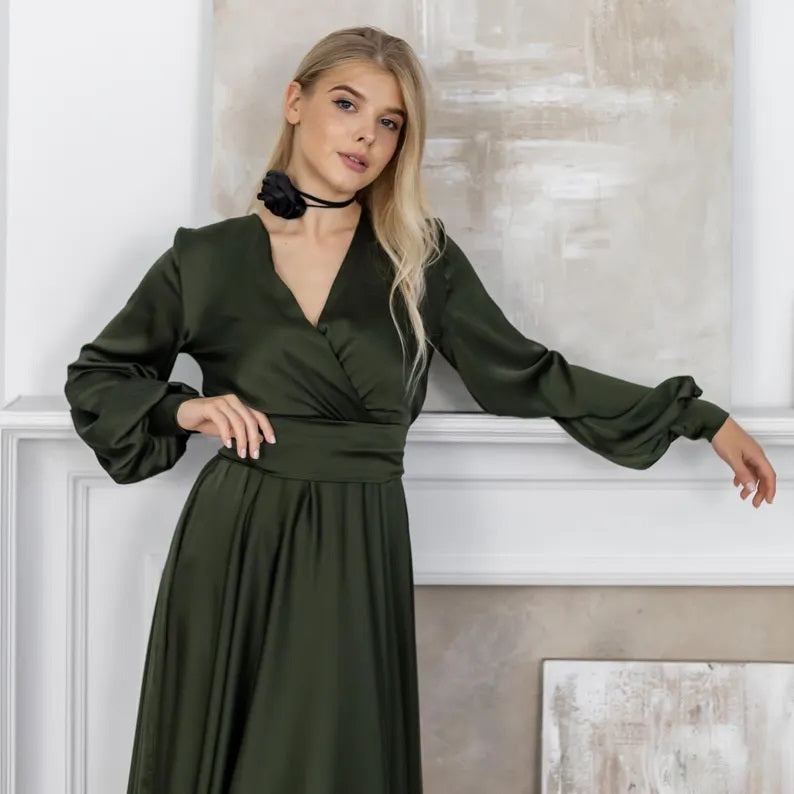 Convertible Satin V-Neck Formal Maxi Dress