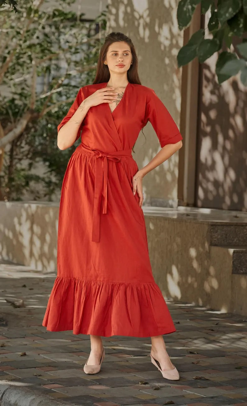 Linen V- Neck half Sleeve With Adjustable Maxi Dress , Red Kaftan Linen Dress