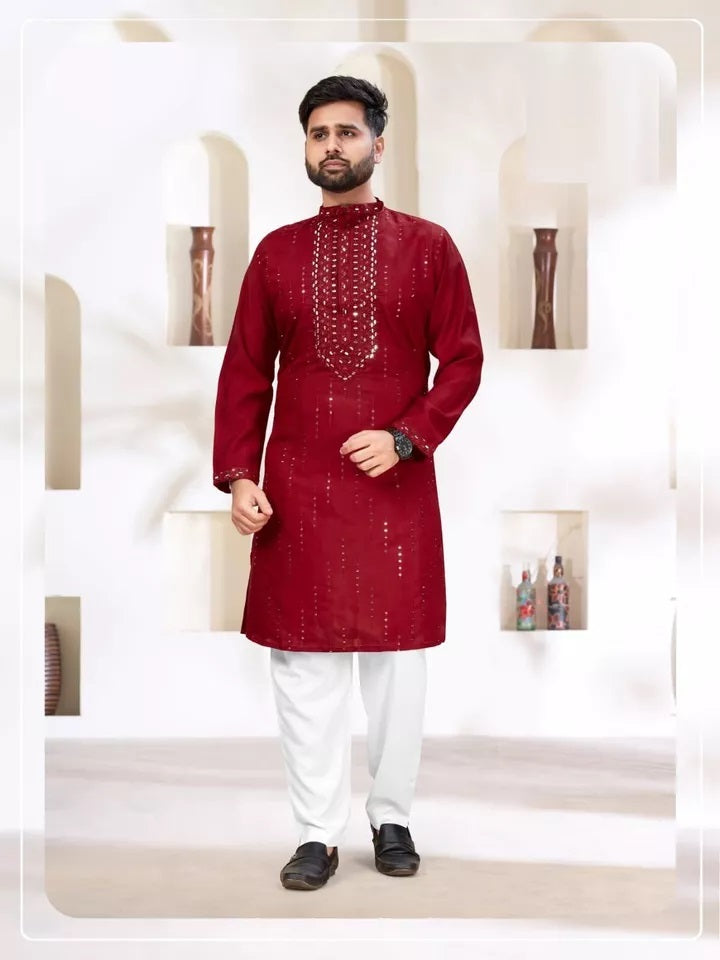 Classic Beautiful Exclusive Stitched 14 Kg Roman Silk Kurta Pajama For Men's