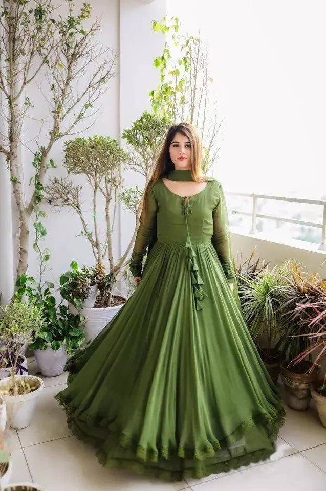 Traditional Classic Full Stitched Faux Georgette Long Anarkali Gown Dupatta
