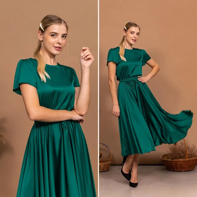 Elegant Emerald Green Satin Convertible Wrap Gown for Women – Multi-Style Formal Dress